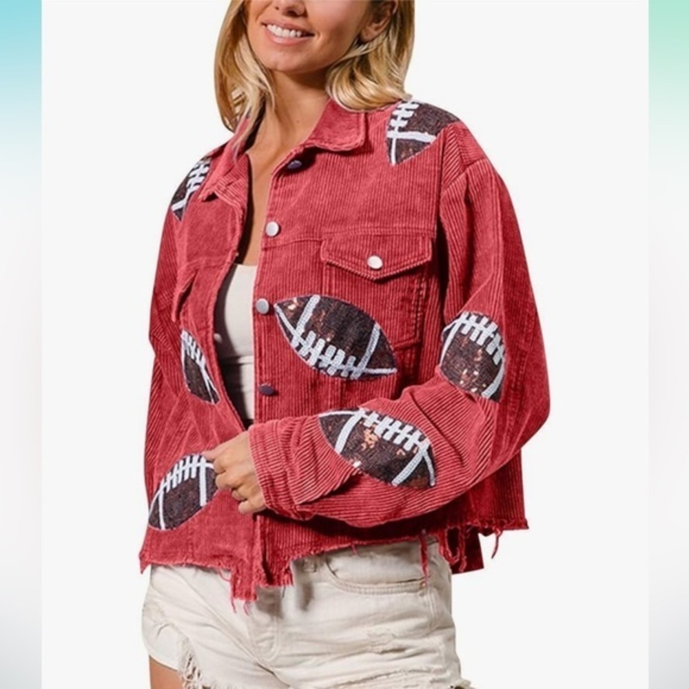 Red Corduroy Jacket with Sequin Footballs